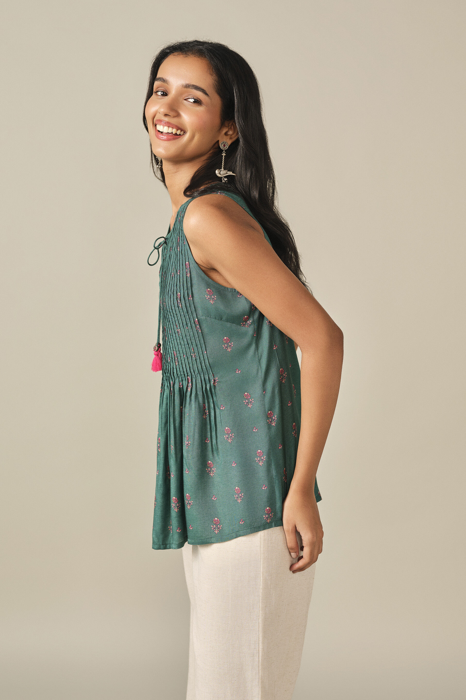 A-Line Printed Pintuck Top in Green, Green, image 3